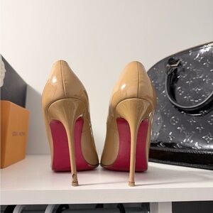 Beige Patent High Heel Pumps with Pink Soles